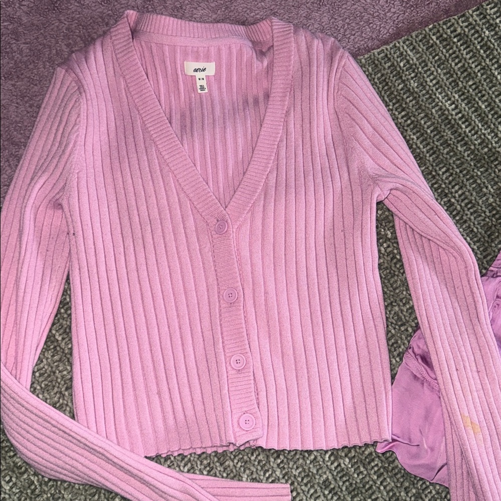 Aerie - Pink Ribbed Button-Up Cardigan and Satin Cami Set - Picture 2 of 7